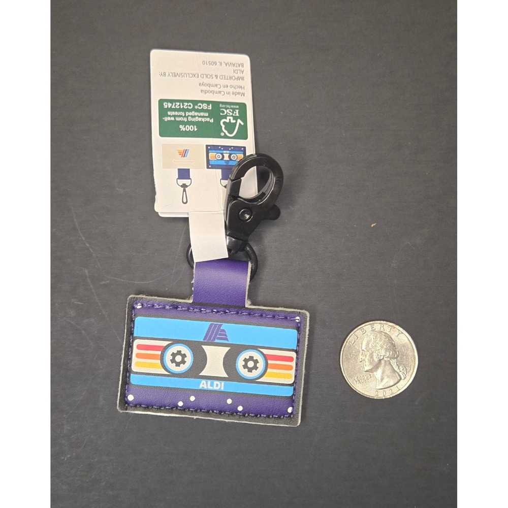 Aldi Quarter Holder Keychain Retro Cassette Tape Blue Purple Logo NWT